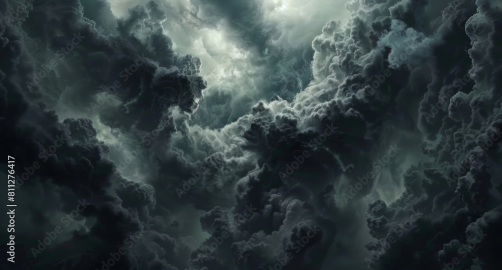 Dark clouds, danger and sky with storm, nature and climate with wallpaper, weather or chemical accident. Smoke, threat or dramatic with atmosphere, explosion or pollution with meteorology or mystery