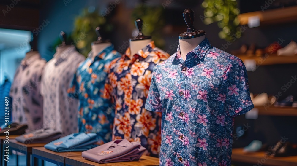 Fototapeta premium fashion business in clothing store with trendy cotton shirts for men on mannequin displaying summer collection fashion and selling products