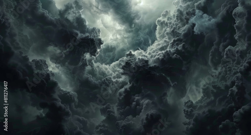 Dark clouds, danger and sky with storm, nature and climate with wallpaper, weather or chemical accident. Smoke, threat or dramatic with atmosphere, explosion or pollution with meteorology or mystery