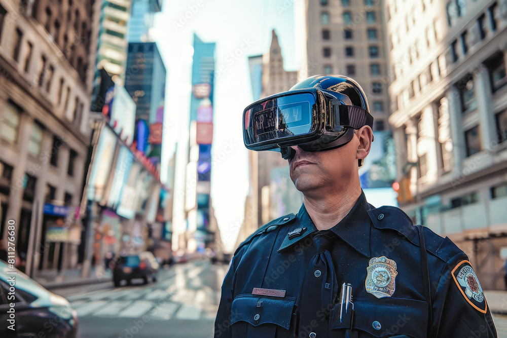 A policeman on duty, equipped with virtual reality goggles, enforces order on city streets A policeman on duty, equipped with virtual reality goggles, enforces order on city streets