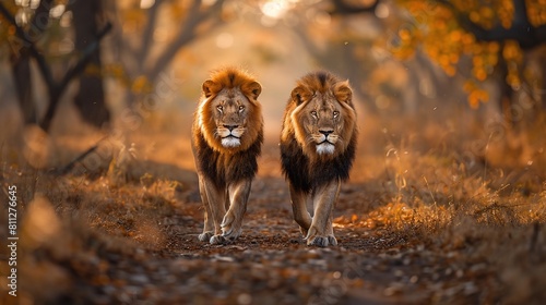 kings of the savanna: explore a photo of majestic lions walking on a dirt path in the wild
a glimpse into the life of lions: explore a photo of two majestic lions walking in the wild
where power meets photo