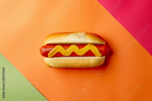 Hot dog with mustard on colorful orange, green and pink background