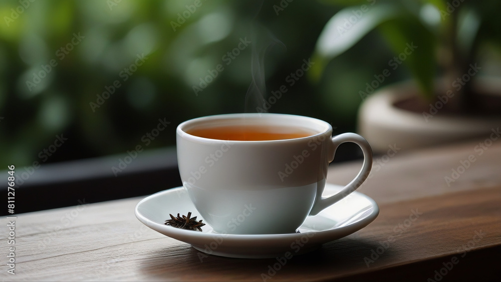 A white ceramic cup of tea sits on a wooden surface, steam rising from its contents. The cup is placed on a small saucer and is the central focus of the image with a blurred background suggesting an o A white ceramic cup of tea sits on a wooden surface, steam rising from its contents. The cup is placed on a small saucer and is the central focus of the image with a blurred background suggesting an o