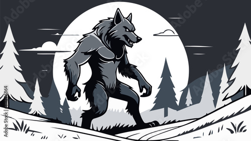 Werewolf stands on hind legs in the forest at night. Vector black and white illustration of an angry wild wolf.