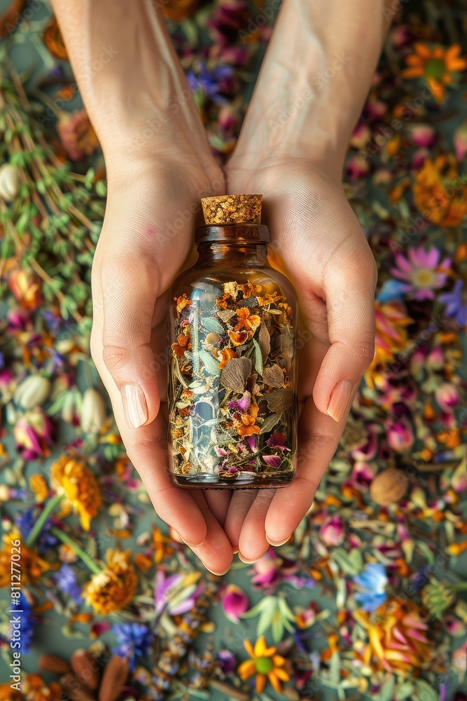 Bottles with tincture of medicinal herbs in the hands of a woman. Selective focus.