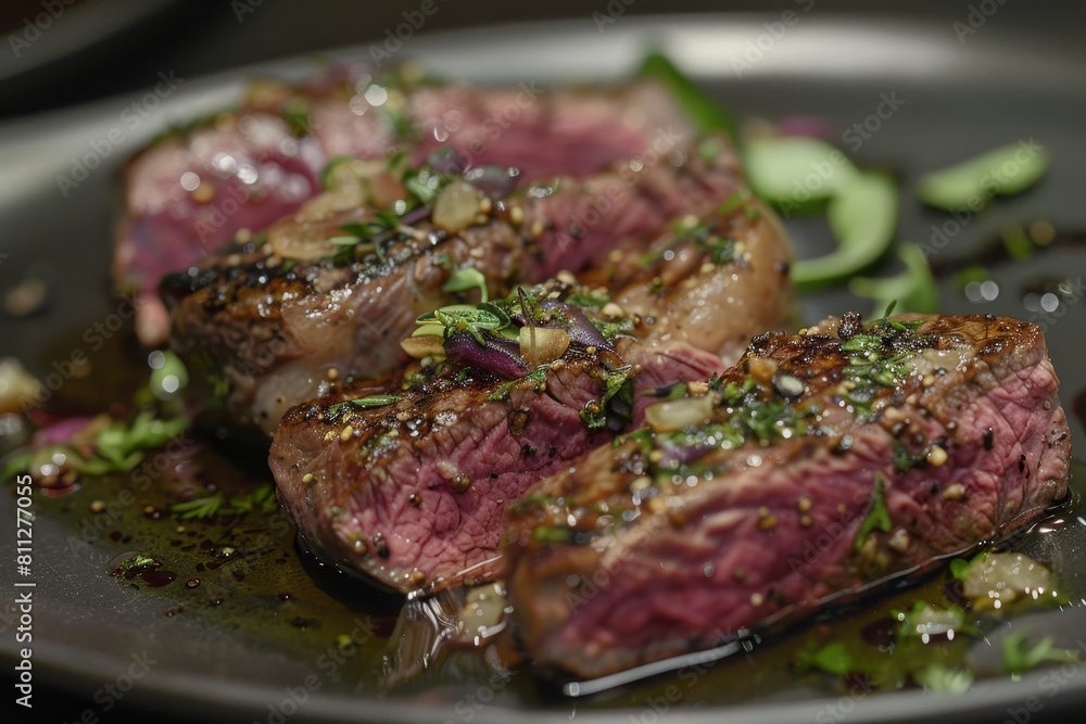 A detailed view of a plate filled with a variety of meats, showcasing a delicious meal, A modern interpretation of a traditional dry-age steak dinner A detailed view of a plate filled with a variety of meats, showcasing a delicious meal, A modern interpretation of a traditional dry-age steak dinner
