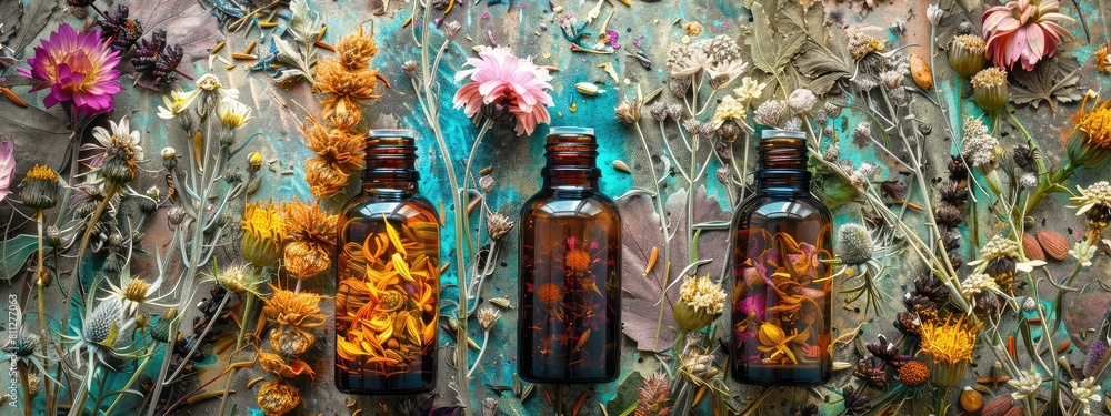 Bottles with herbal tinctures on a background of dried medicinal herbs. Selective focus. Bottles with herbal tinctures on a background of dried medicinal herbs. Selective focus.