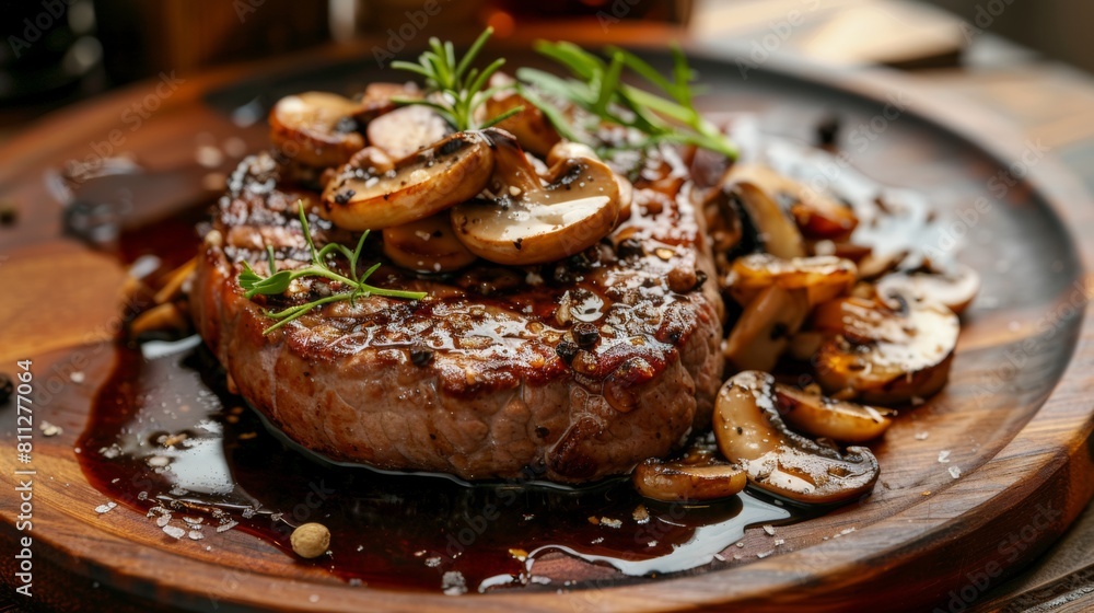 American cuisine. Beef steak with mushrooms and madeira. American cuisine. Beef steak with mushrooms and madeira.