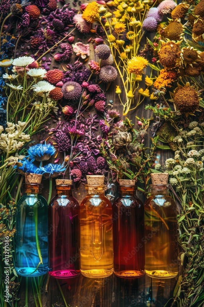 Bottles with herbal tinctures on a background of dried medicinal herbs. Selective focus. Bottles with herbal tinctures on a background of dried medicinal herbs. Selective focus.