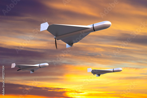 Military drones against the sunset sky. 3d-rendering photo