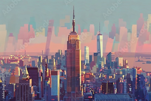 A painting depicting a cityscape with modern skyscrapers towering in the background, A modern interpretation of the iconic Empire State Building standing tall in the cityscape