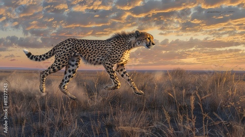 cheetah running through plains, sunrise, savannah realistic