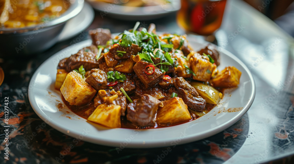 Savor the flavors of ghana with a delicious meal of tender meat, sweet plantains, and zesty herbs and spices, elegantly plated Savor the flavors of ghana with a delicious meal of tender meat, sweet plantains, and zesty herbs and spices, elegantly plated