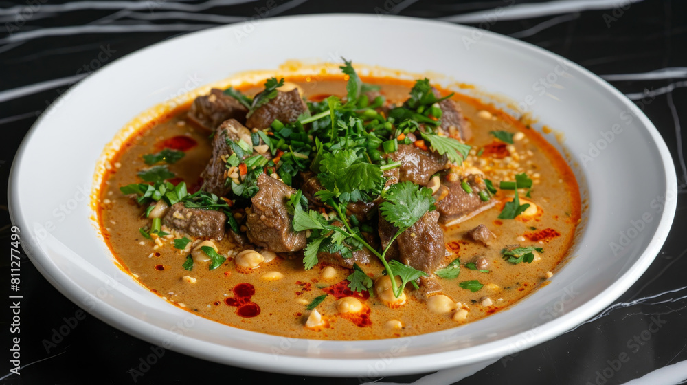 Ghanaian groundnut soup with beef, fresh herbs, and chili oil, elegantly plated on white dish Ghanaian groundnut soup with beef, fresh herbs, and chili oil, elegantly plated on white dish