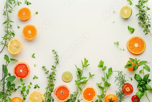 Various fresh fruits and vegetables arranged on a white surface, A modern, minimalist depiction of a clean and healthy eating lifestyle
