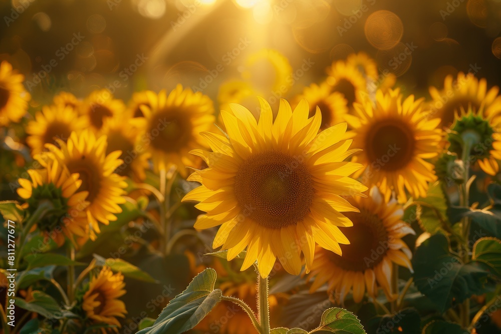 Obraz premium Sunflowers Field With Setting Sun