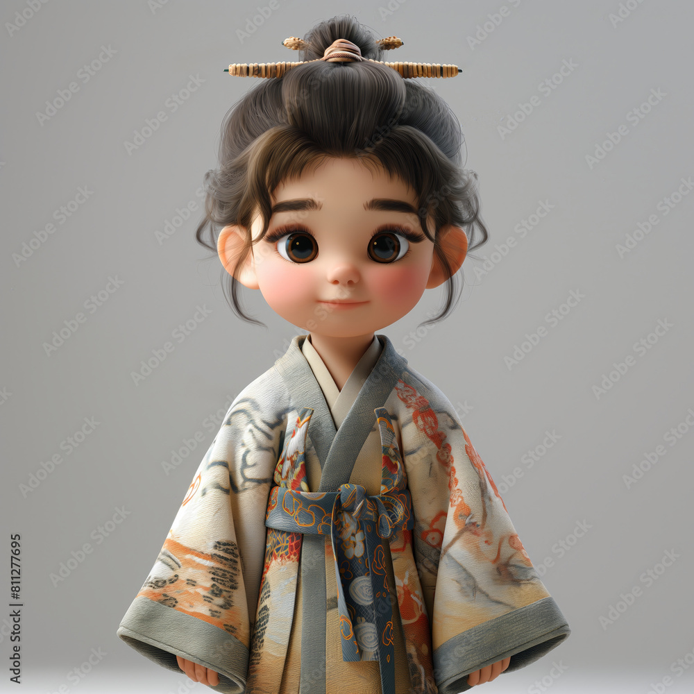 Cartoon, 3D girl in national traditional Asian attire. Cartoon, 3D girl in national traditional Asian attire.