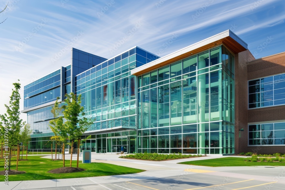 A large building featuring numerous windows, designed with modern architecture and a tower, A modern school building with glass walls and towering architecture A large building featuring numerous windows, designed with modern architecture and a tower, A modern school building with glass walls and towering architecture