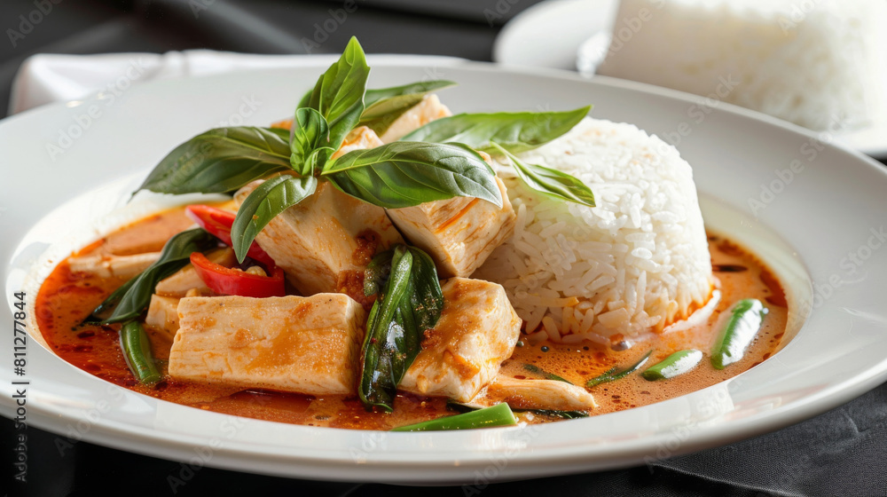 Delicious plate of tender chicken stew with basil, rice, and fresh vegetables, showcasing the flavors of ghanaian cuisine Delicious plate of tender chicken stew with basil, rice, and fresh vegetables, showcasing the flavors of ghanaian cuisine