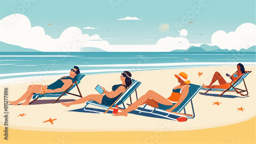 summer fun: people sunbathing at the beach vector