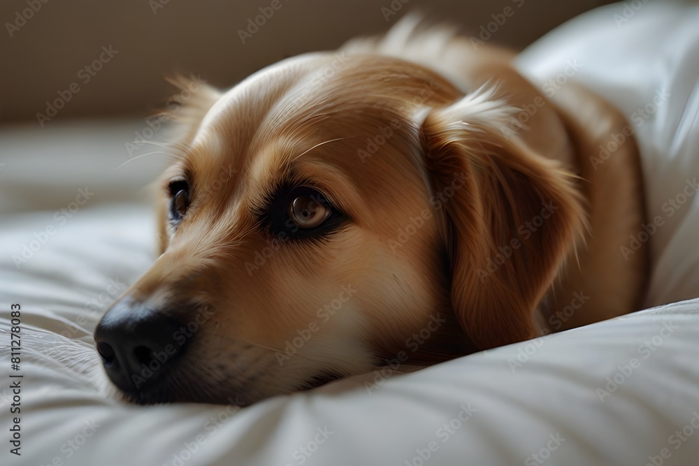 Close up of pet dog lying on bed at home Close up of pet dog lying on bed at home