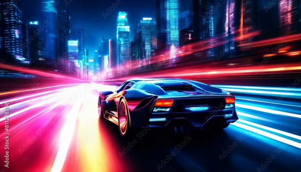 Fototapeta premium High-speed car in the city neon lighting