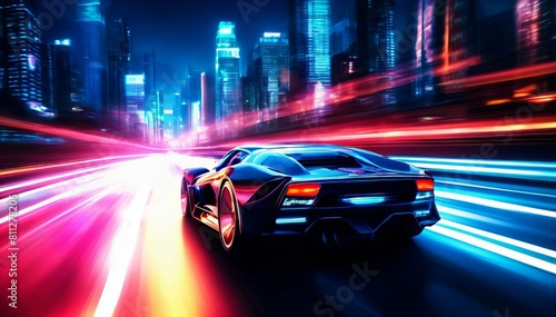 High-speed car in the city neon lighting