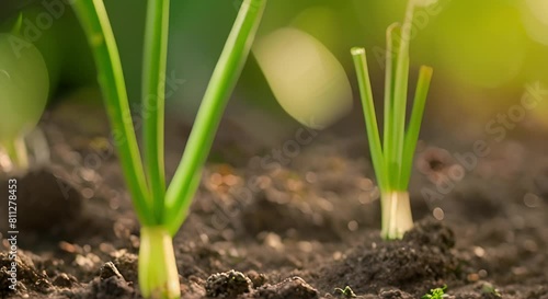 The natural growth process of an onion plant sprouting from the soil in a garden. Concept Plant Growth, Onion Sprouting, Garden Life, Nature Photography photo