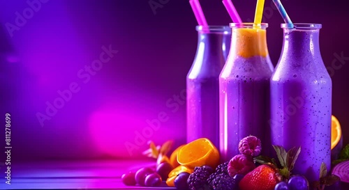 Assorted fresh fruit and vegetable smoothies in glass bottles with straws. Concept Healthy Drinks, Fresh Smoothies, Glass Bottles, Colorful Straws, Fruits and Vegetables photo