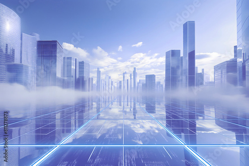 background dynamic cityscape featuring futuristic glass structures towering skyscrapers against a backdrop of soft  wispy clouds  illustrating intersection of modern architecture  bright purple tones