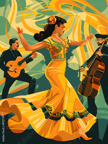 Spanish traditional flamenco dance flat style illustration, flamenco dancer and bend with guitars