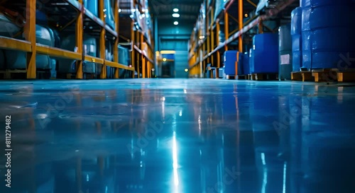 Maintaining a clean and polished concrete floor in an industrial manufacturing plant or warehouse. Concept Industrial Cleaning, Warehouse Maintenance, Concrete Flooring, Polishing Techniques photo