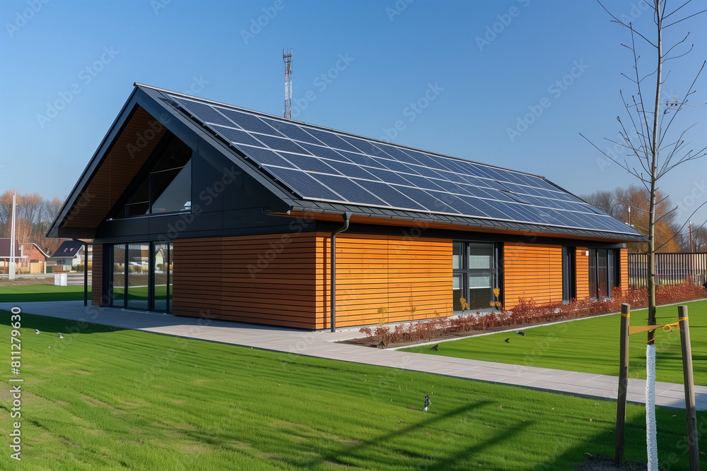 The new house in the suburbs has a modern appearance and equipment, and on its roof there is a photovoltaic system that uses solar energy to power the building. The new house in the suburbs has a modern appearance and equipment, and on its roof there is a photovoltaic system that uses solar energy to power the building.