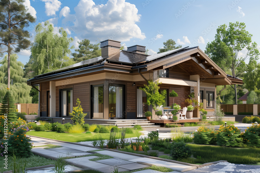 The new house in the suburbs has a modern appearance and equipment, and on its roof there is a photovoltaic system that uses solar energy to power the building.