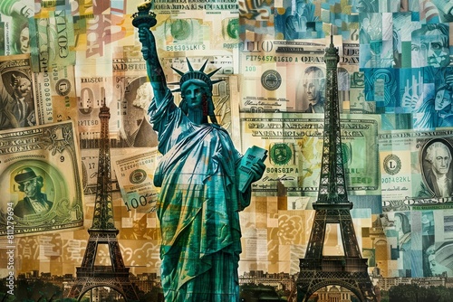 The Statue of Liberty stands tall amidst a sea of currency in a striking scene  A mosaic of famous landmarks made out of currency prints