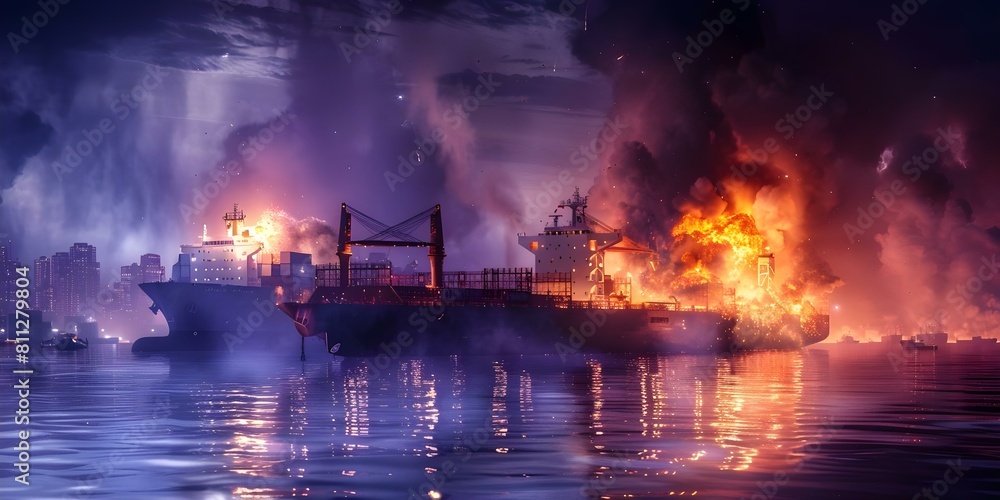D Visualization of a Cargo Ship Engulfed in Flames from a Gas Explosion. Concept Fire Safety Measures, Industrial Accidents, Hazardous Materials, Emergency Response