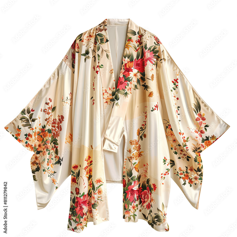 A Floral Kimono with Wide Sleeves isolated on white background