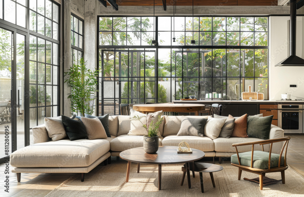 Sophisticated Living Room Blending Indoor Comfort with Outdoor Beauty, Suitable for Articles on Contemporary Living, Design Trends, and Home Styling.