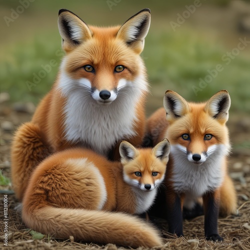 Three foxes sitting together. Beautiful fox family © Pushkarita