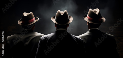 Old fashioned detective or mafia in hat on dark background, black and white color