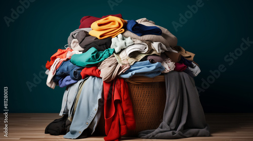 Concept problem of conscious consumption of clothing, people pollute environment of Earth with textiles. Disposable clothing lying in heap.