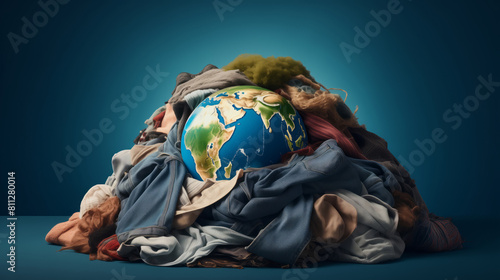 Concept problem Planet Earth is littered with bunch of disposable clothes, global pollution textile lying in heap. © Adin