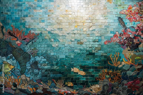 A mosaic wall with intricate fish and coral designs, creating an underwater scene, A mosaic-tiled bottom creating a mesmerizing underwater scene photo