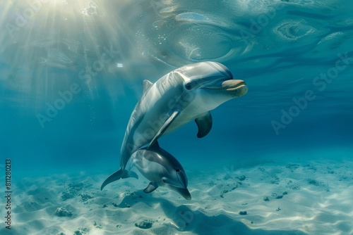 Mother dolphin gently nudging her calf in the ocean while swimming  A mother dolphin gently nudging her calf