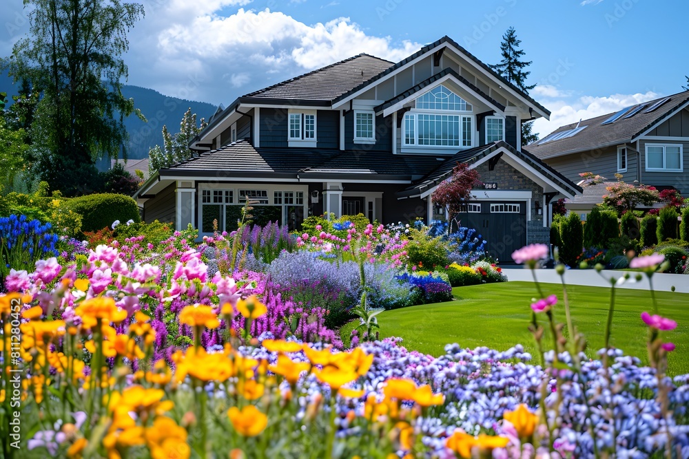 Colorful Flowers Surrounding Greenery-Adorned House. Generative by AI