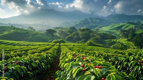 Verdant Coffee Plantation at Sunrise. Generative AI