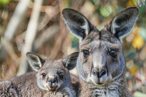 A close up of a mother kangaroo with her baby kangaroo peeking out of her pouch, A mother kangaroo with her joey peeking out of her pouch
