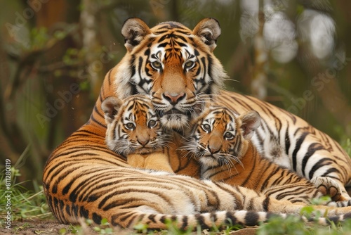 A mother tiger is seen playing with her two young cubs in their natural habitat  A mother tiger with her playful cubs
