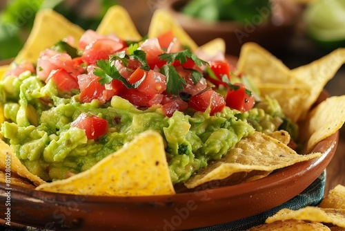 A bowl filled with guacamole topped with pico de gal aadaaafabccc, surrounded by crispy tortilla chips, A mound of creamy guacamole topped with pico de gallo and served with crispy tortilla chips
