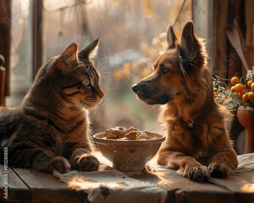 Charming Pet Duo Sharing Treats in Warm Kitchen Environment, Bathed in Soft Morning Light and Rich Textures
